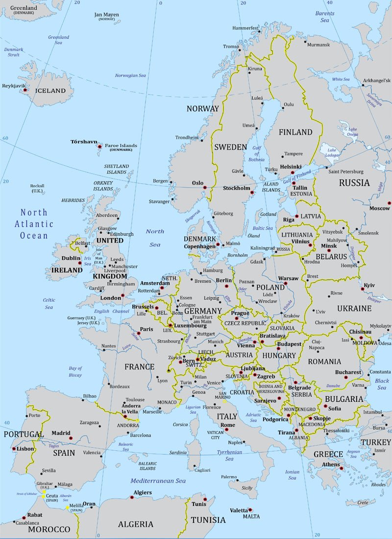Mapa Europy ze stolicami państw